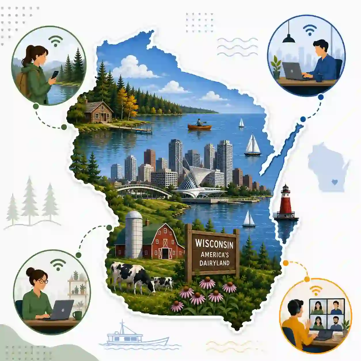 Wisconsin state map with icons for mobile, office, remote team and call center connected to a central phone pin